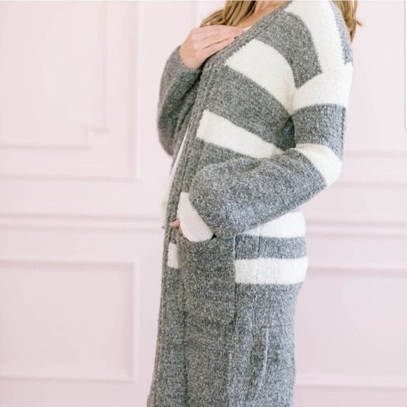 GRAY WITH IVORY STRIPES CARDIGAN - Picture 3 of 5